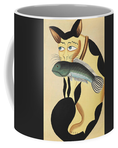 A cat holding a fish in its mouth Kalighat, Calcutta, early 20th Century  Coffee Mug by Artistic Rifki - Fine Art America