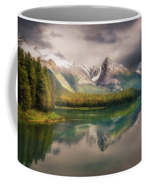 Celia Landscape Photography | Celia Fine Art Prints | Canada Rocky Mountain Landscape Pictures Coffee Mug featuring the photograph A Cloud Morning on Maligne Lake by Celia Zhen