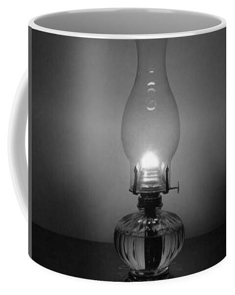 All Coffee Mug featuring the digital art A Lamp Burning Midnight Oil Black and White KN61 by Art Inspirity