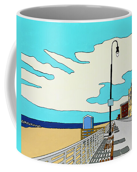 Long Beach Boardwalk Long Island Ocean Sand New York Beach Coffee Mug featuring the painting A Long Beach Morning by Mike Stanko