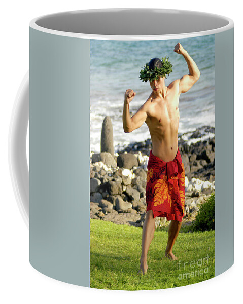 Beach Coffee Mug featuring the photograph A masculine male hula dancer exhibits his manly hula style.	 by Gunther Allen