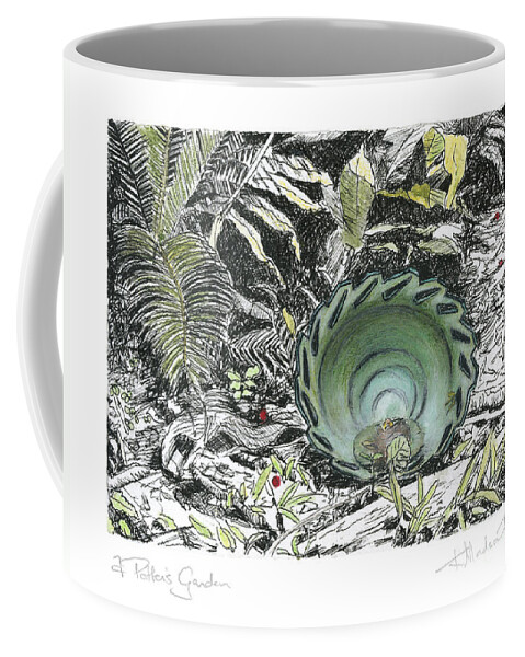 Fine Art Coffee Mug featuring the drawing A Potters Garden - Section 01 by Kerryn Madsen- Pietsch
