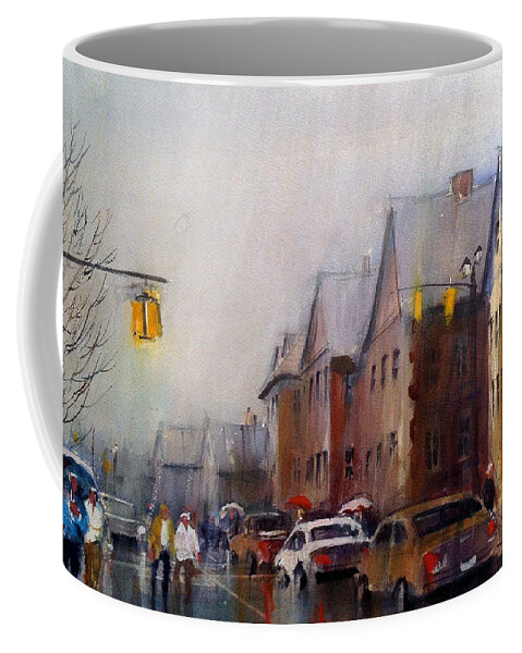 Dublin Coffee Mug featuring the painting A rainy Day on Bridge St. Dublin by Charles Rowland