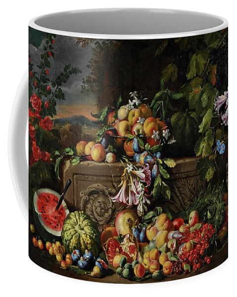 Still Life Coffee Mug featuring the painting A still life of a watermelon, cherries, peaches, apricots, plums by Lagra Art