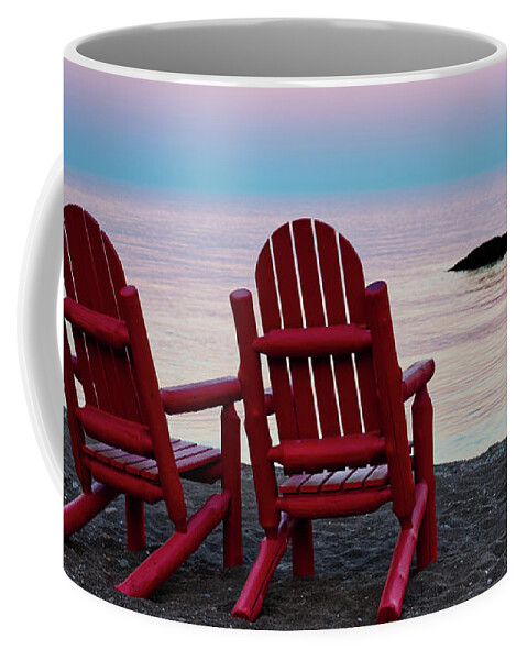 Lake Coffee Mug featuring the photograph A Superior View - red chairs and Lake Superior sunset at Lutsen Resort by Peter Herman