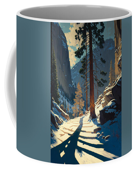 Old Postcard Style Coffee Mug featuring the digital art A Trail Through Yosemite - An Old Postcard Style Painting of a Wilderness Landscape by Kai Saarto