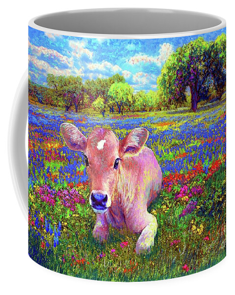 Floral Coffee Mug featuring the painting A Very Content Cow by Jane Small