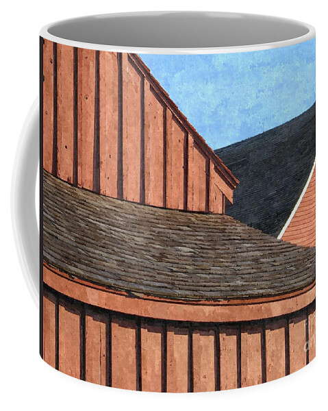 Red Coffee Mug featuring the photograph A view of red farm buildings forms geometric shapes by William Kuta
