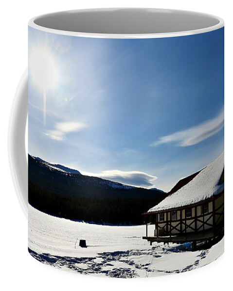 Curly's Boat House And Refuge For Mountain Men At Maligne Lake Coffee Mug featuring the photograph A Warm Place at Maligne Lake by Brian Sereda
