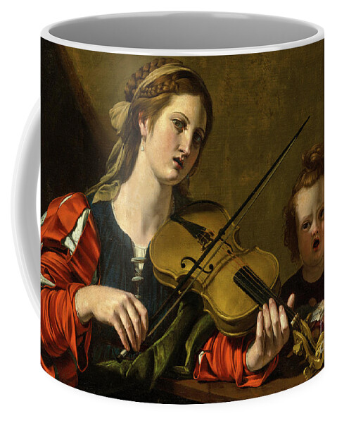 Female Coffee Mug featuring the painting A woman playing the violin with two children singing by Nicolas Tournier