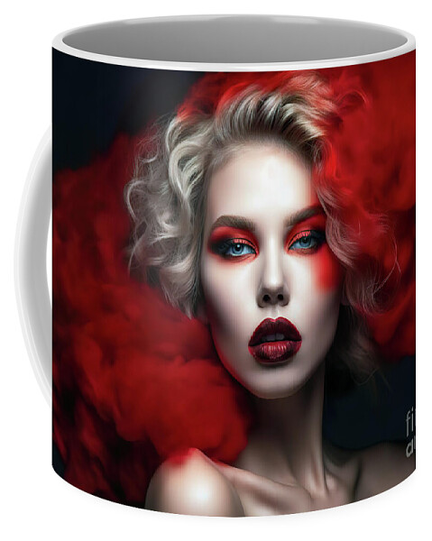 Portrait Coffee Mug featuring the digital art A woman with striking red makeup on her eyes and lips is surrounded by billowing red smoke by Odon Czintos