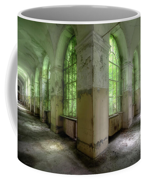 Urban Coffee Mug featuring the photograph Abandoned Green Hallway by Roman Robroek