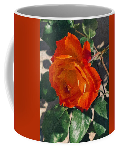 Abstract Tangerine Rose Green Leaves Tan Wall Brown Stem Yellow Coffee Mug featuring the digital art Abstract Tangerine Rose by Kathleen Boyles