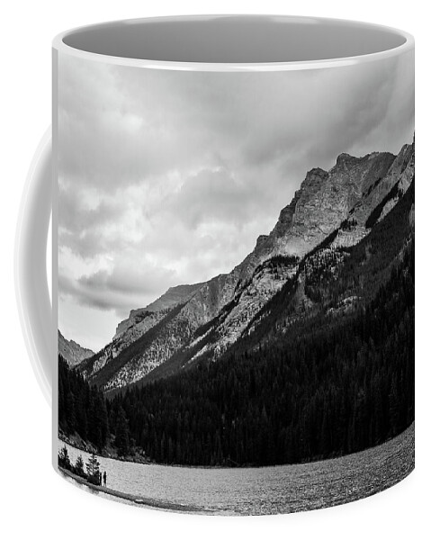 Admiring Two Jack Lake Black And White Coffee Mug featuring the photograph Admiring Two Jack Lake Black And White by Dan Sproul
