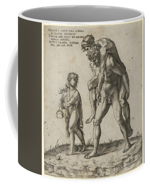 Giovanni Jacopo Caraglio Coffee Mug featuring the drawing Aeneas rescuing Anchises, a young boy carrying a lantern at left by Giovanni Jacopo Caraglio