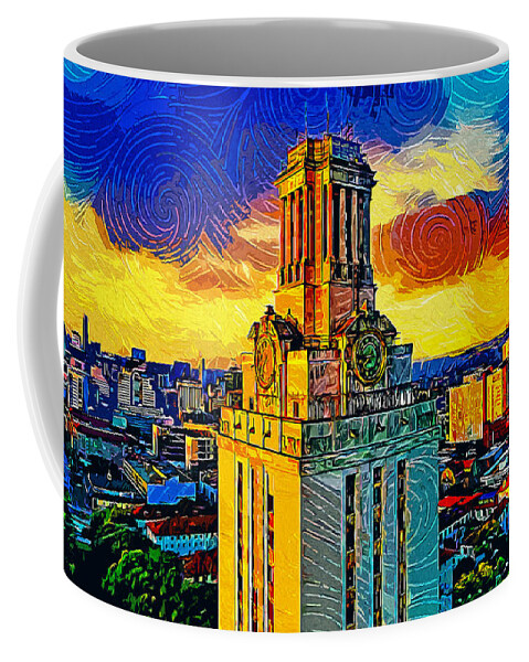 Main Building Coffee Mug featuring the digital art Aerial of the Main Building of the University of Texas at Austin - impressionist painting by Nicko Prints