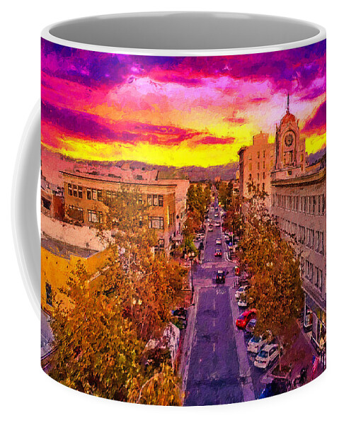 W 4th Street Coffee Mug featuring the digital art Aerial view of W 4th Street in downtown Santa Ana - digital painting by Nicko Prints