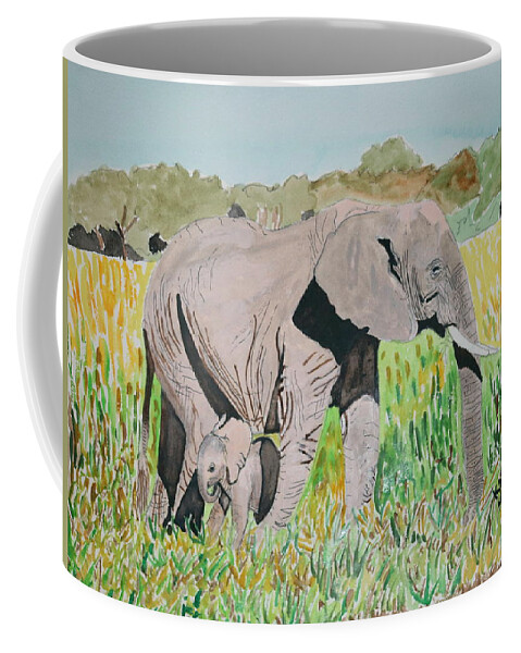 Africa Coffee Mug featuring the painting African Elephant Mom and Baby by Karen Merry