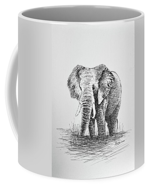 African Elephant Coffee Mug featuring the drawing African Elephant by Uma Krishnamoorthy