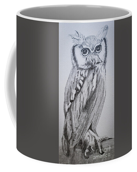 African Coffee Mug featuring the drawing African White faced owl by Mary Capriole