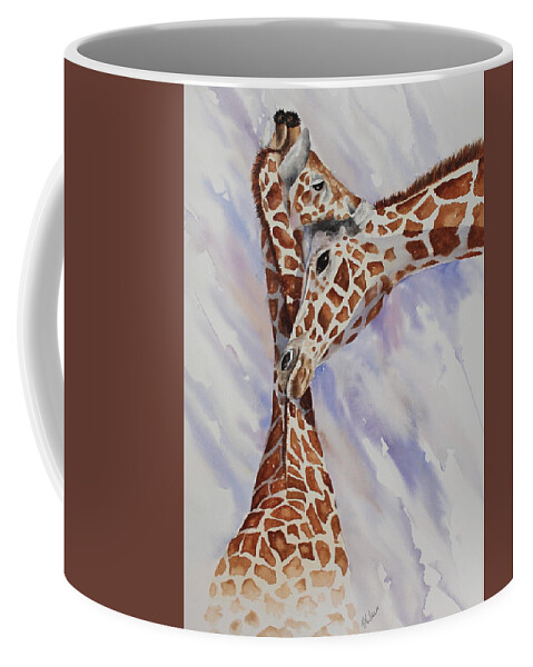 Giraffe Coffee Mug featuring the painting Ah Mom by Mary McCullah