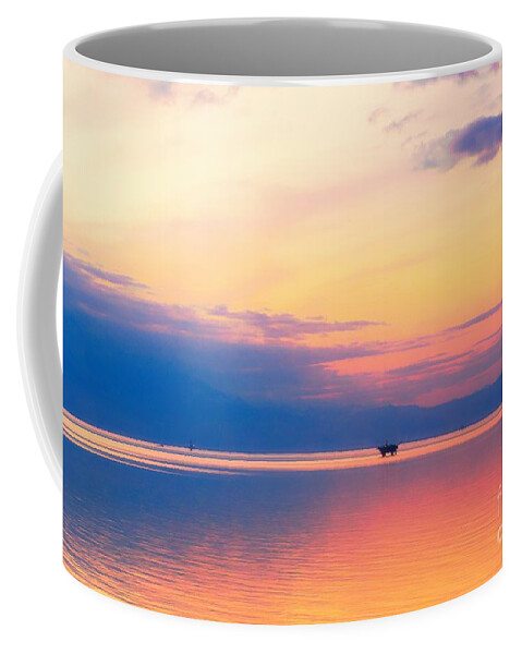 Alaska Coffee Mug featuring the photograph Alaskan Oil Rigs in Sunset by Sal Ahmed