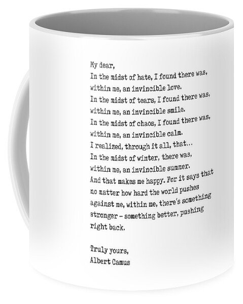 Albert Camus Coffee Mug featuring the digital art Albert Camus Quote - Invincible Summer 1 - Typewriter Print - Minimalist, Inspiring Literary Quote by Studio Grafiikka