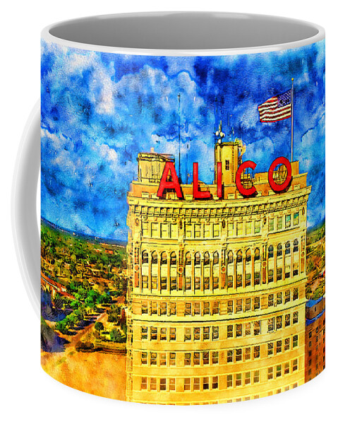 Alico Building Coffee Mug featuring the digital art ALICO Building in downtown Waco, Texas - pen and watercolor by Nicko Prints
