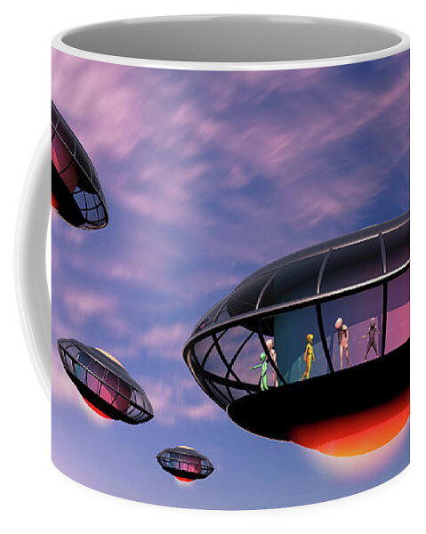 Alien Coffee Mug featuring the digital art Alien Tourists Blue Sky and Sea by Russell Kightley