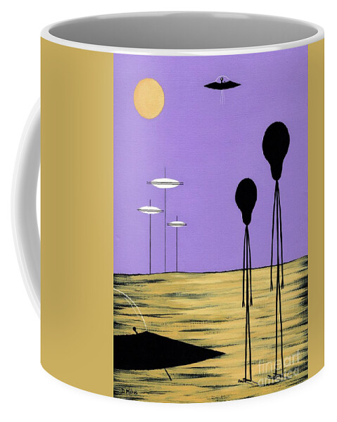 Retro Coffee Mug featuring the painting Aliens Yellow Planet Purple Sky by Donna Mibus