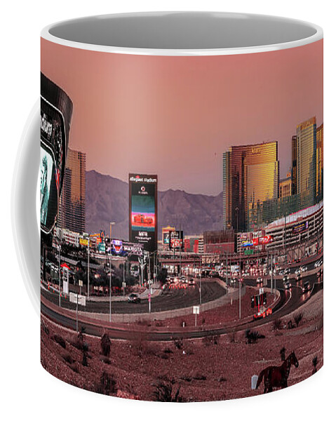 John Madden Coffee Mug featuring the photograph Allegiant Stadium Las Vegas Raiders Game day Tribute to John Madden after Sunset Panoramic View by Aloha Art