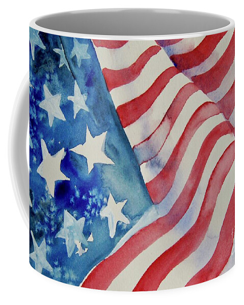 American Flag Coffee Mug featuring the painting American Flag Blowing Freely by Liana Yarckin
