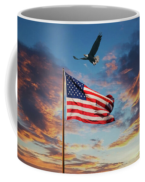 Bar Harbor Coffee Mug featuring the photograph American Flag on Old Flagpole at Sunset with Eagle by Darryl Brooks