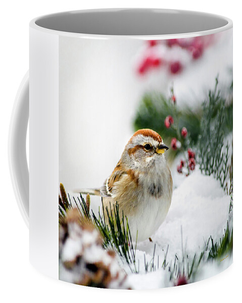 Bird Coffee Mug featuring the photograph American Tree Sparrow Bird In Snow by Christina Rollo