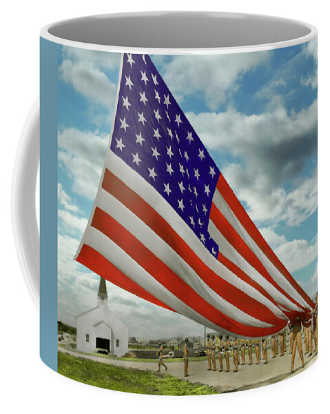 Old Post Chapel Coffee Mug featuring the photograph Americana - Fort Hood Texas - Unfolding the flag 1944 by Mike Savad