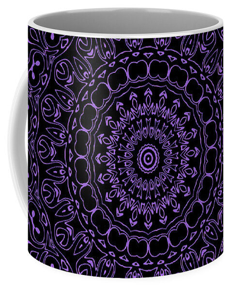 Amethyst Coffee Mug featuring the digital art Amethyst on Black Mandala Kaleidoscope Medallion Flower by Mercury McCutcheon