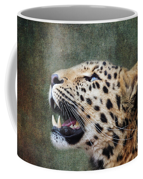 Leopard Coffee Mug featuring the photograph Amur leopard looking up. iIndigenous to southeastern Russia and northeast China, and listed as Critically Endangered. Processed to look like an old painting. by Jane Rix