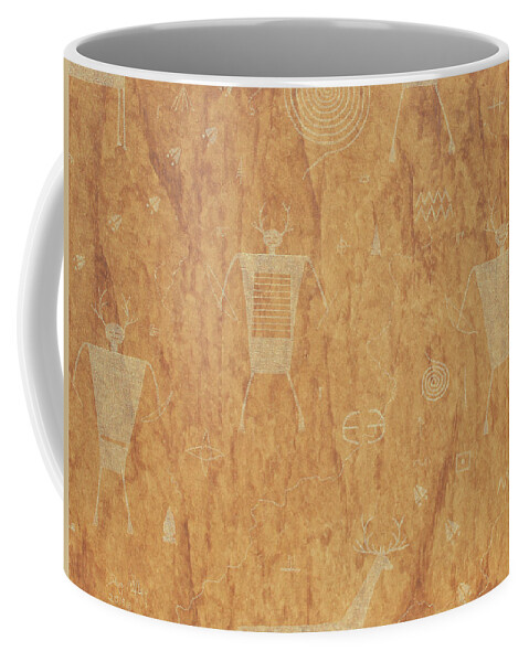 Deer Coffee Mug featuring the painting Anasazi Deer Hunters-Petroglyphs by Doug Miller