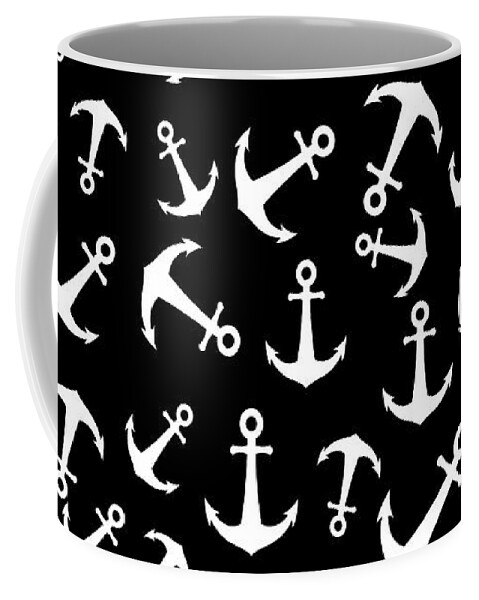 Anchor Coffee Mug featuring the mixed media Anchor Pattern - Black and White 2 by Studio Grafiikka
