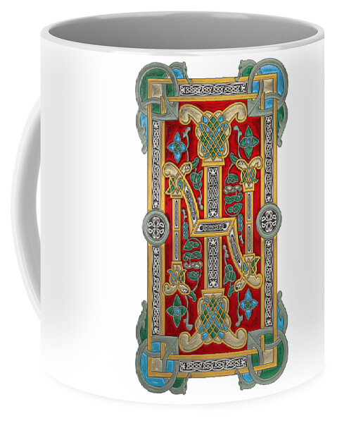 ‘celtic Treasures’ Collection By Serge Averbukh Coffee Mug featuring the digital art Ancient Celtic Runes of Hospitality and Potential - Illuminated Plate over White Leather by Serge Averbukh