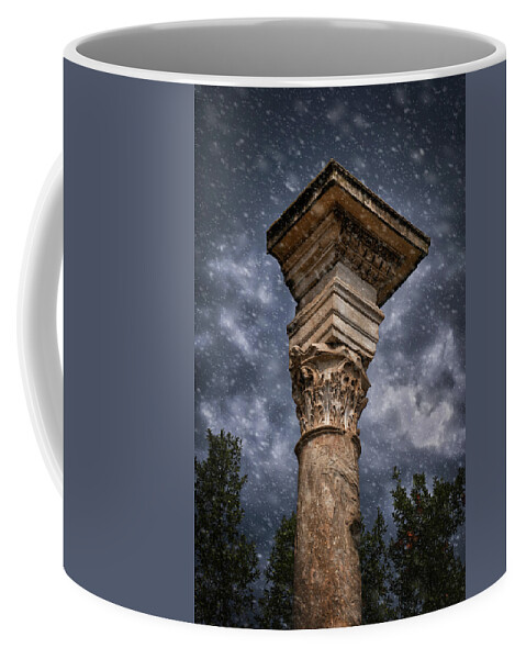 Ancient Coffee Mug featuring the photograph Ancient Corinthian Column Against Stormy Sky by Artur Bogacki
