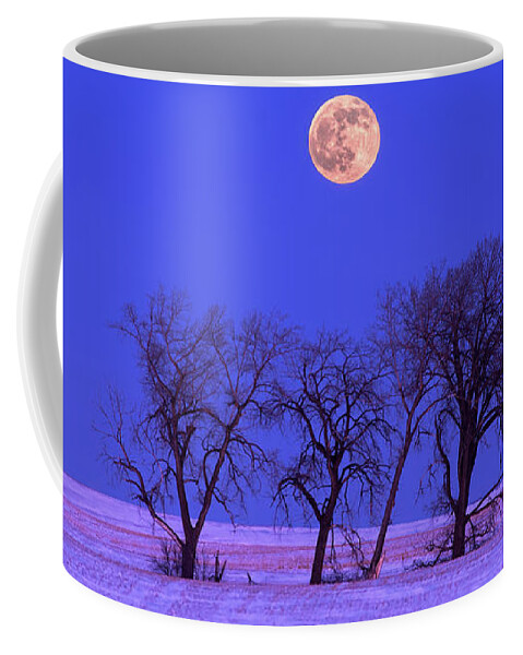 Moon Coffee Mug featuring the photograph And all the Trees of the Field shall Clap Their Hands - moonrise above cottonwoods in ND snowscape by Peter Herman