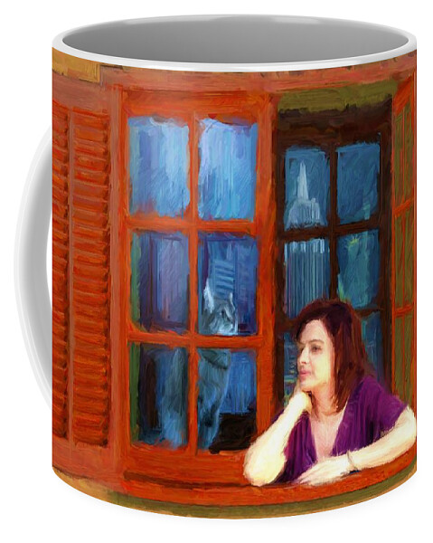 Woman Coffee Mug featuring the digital art Andrea and the Cat by Caito Junqueira