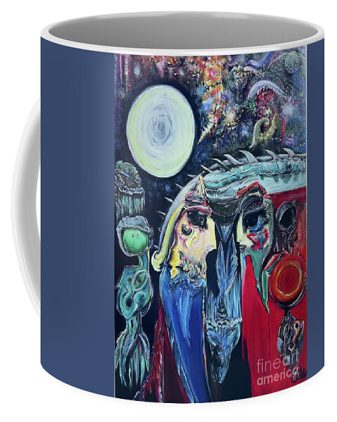 Universal Coffee Mug featuring the painting Andromedas Ambient Conversation About the Apex in full moon by Tara Strange Dunbar
