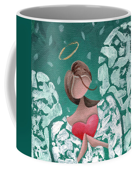 Angel Coffee Mug featuring the painting Angel Hearted - Teal Square by Annie Troe