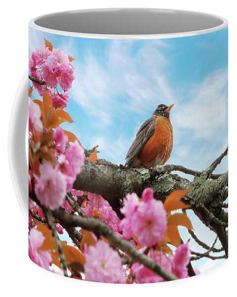 Spring Coffee Mug featuring the photograph Animal - Bird - First robin of spring by Mike Savad