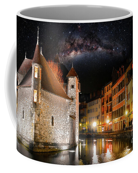 Annecy Coffee Mug featuring the photograph Annecy french city by night with beautiful starry sky by Gregory DUBUS