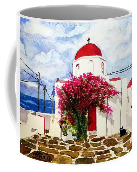 Santorini Coffee Mug featuring the painting Anns' Santorini by Ann Frederick