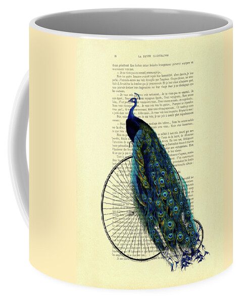 Peacock Coffee Mug featuring the mixed media Antique bike with peacock by Madame Memento
