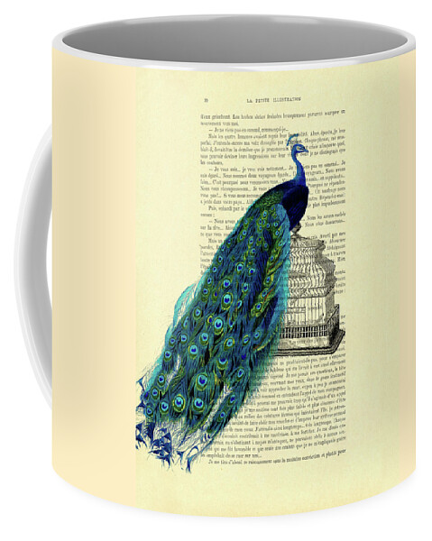Peacock Coffee Mug featuring the digital art Antique bird cage peacock art by Madame Memento